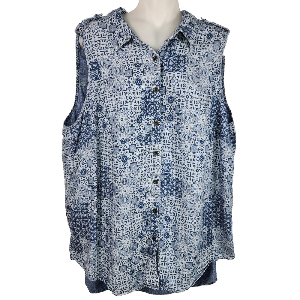 Jane + Delancey Womens Top Button 1X Blue Geometric Floral Sleeveless Lyocell